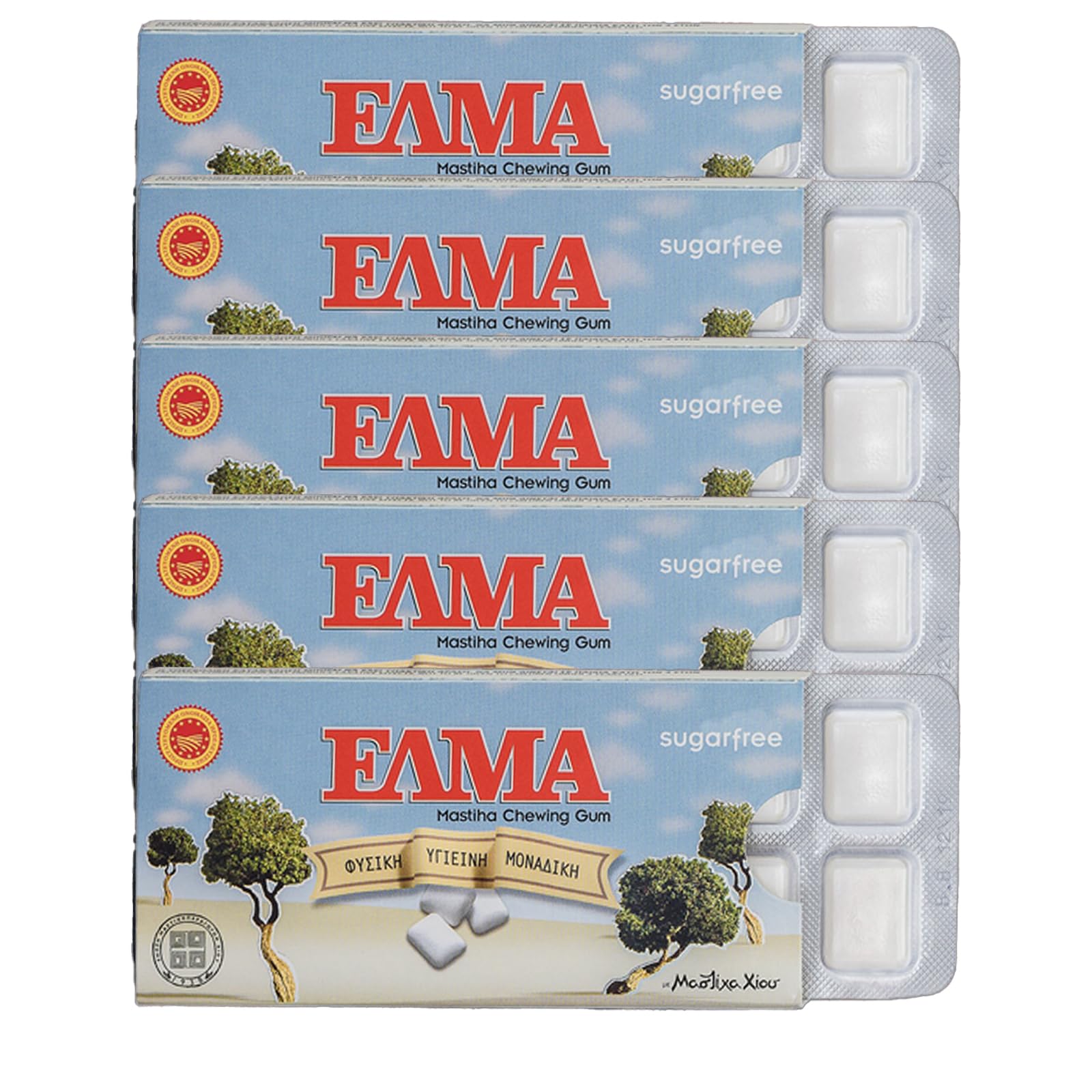 ELMA Sugar Free Greek Chewing Gum with Natural Chios Resin Gum Mastic and Mastiha Oil - 5 x 10-Packs