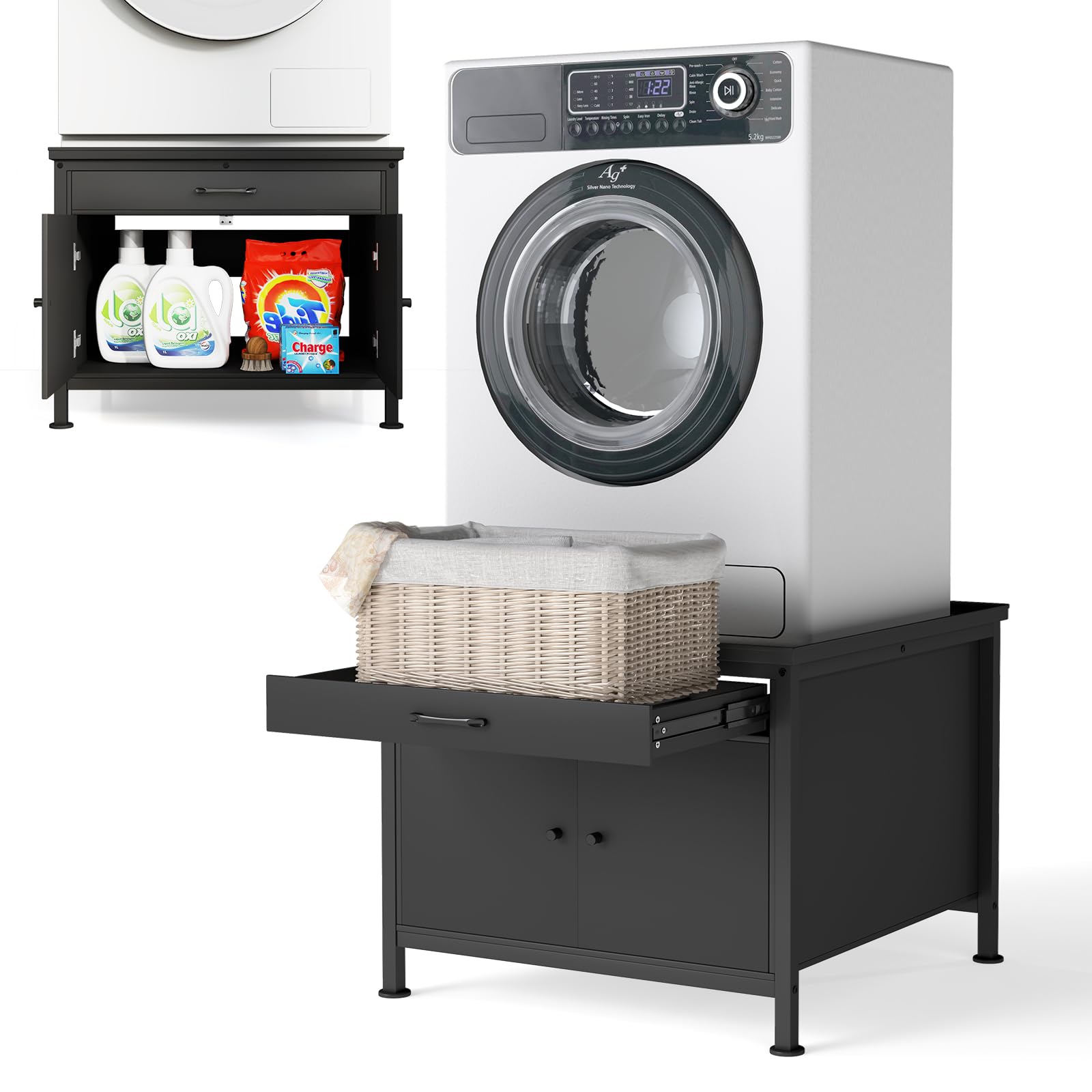 Photo 1 of LUCKUP Laundry Pedestal for Washer & Dryer, Heavy Duty Platform Base Stand 29”Universal Fit All Machines w/Laundry Basket Shelf and Built-in Drain Hose