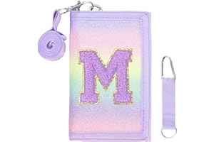 SiorVeol Kids Wallet Girls Trifold Initial Glitter Wallets with Zipper and Card Slots Including Neck Lanyard and Hanging Strap, Blue Purple, M