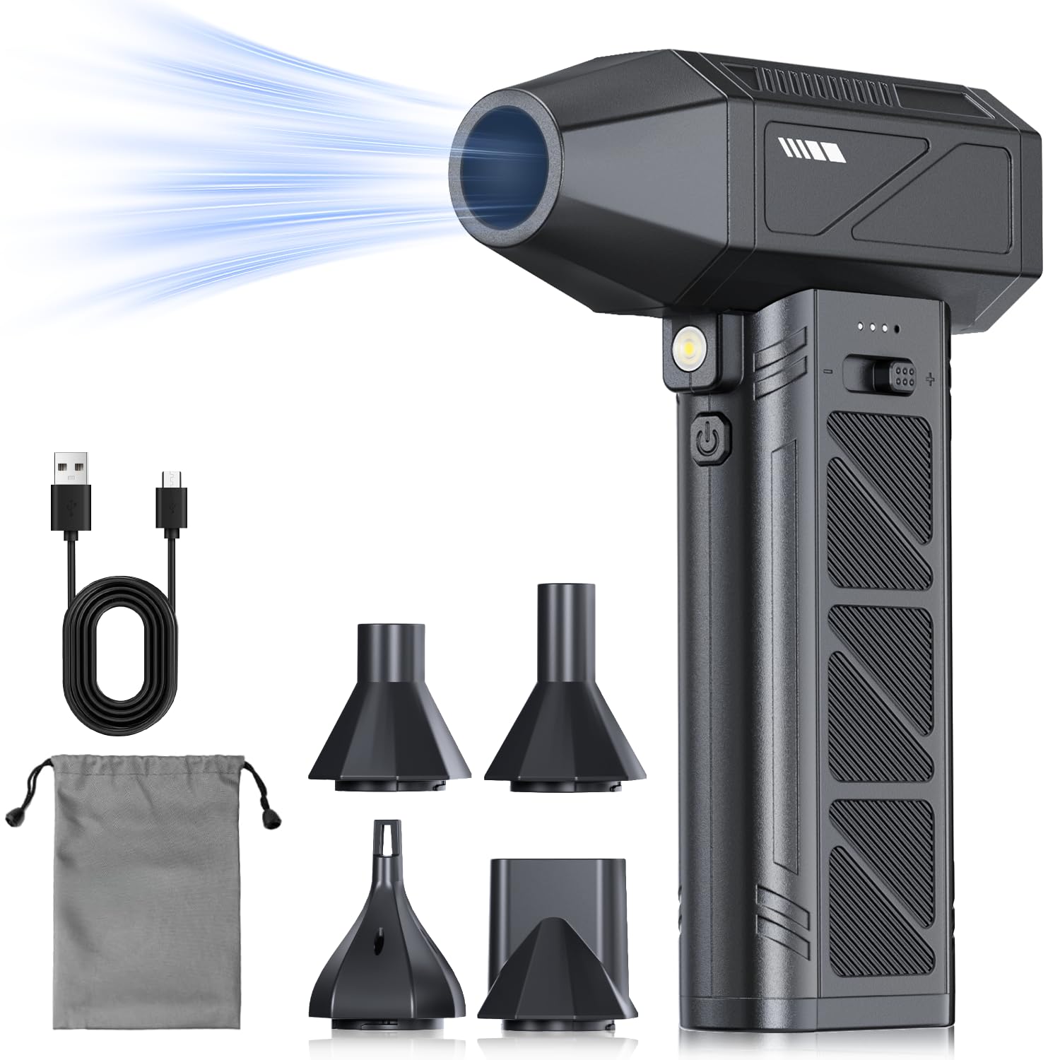 エアダスター 電動エアダスター ブロワー 小型 ブロアー 250000RPM高速回転 強力 最大風速120m/s 無段階風量調整 5種類ノズル付き LEDライト付き Type-C充電式 PC掃除/エアコン/キーボード/車内/洗車用/照明等 収納ボックス 日本語取扱説明書付き (ブラック)商品画像