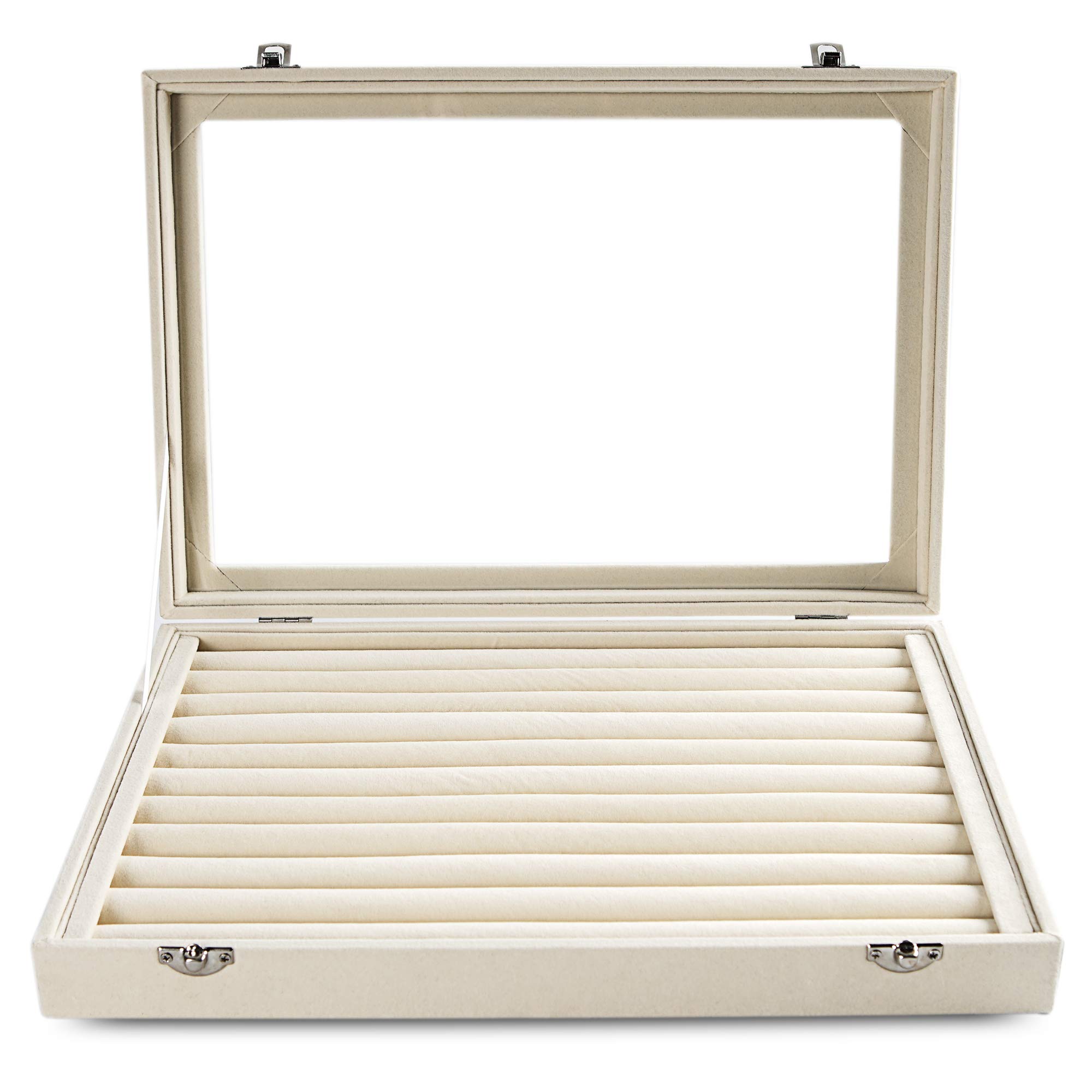 Frebeauty Frebeauty Rings/Earrings Organizer Tray with Clear Lid 10 Slots Velvet Drawer Insert Jewelry Storage box with Glass lid Jewelry Display Case Showcase Gift for Girls Women (Beige, 10 Slots)