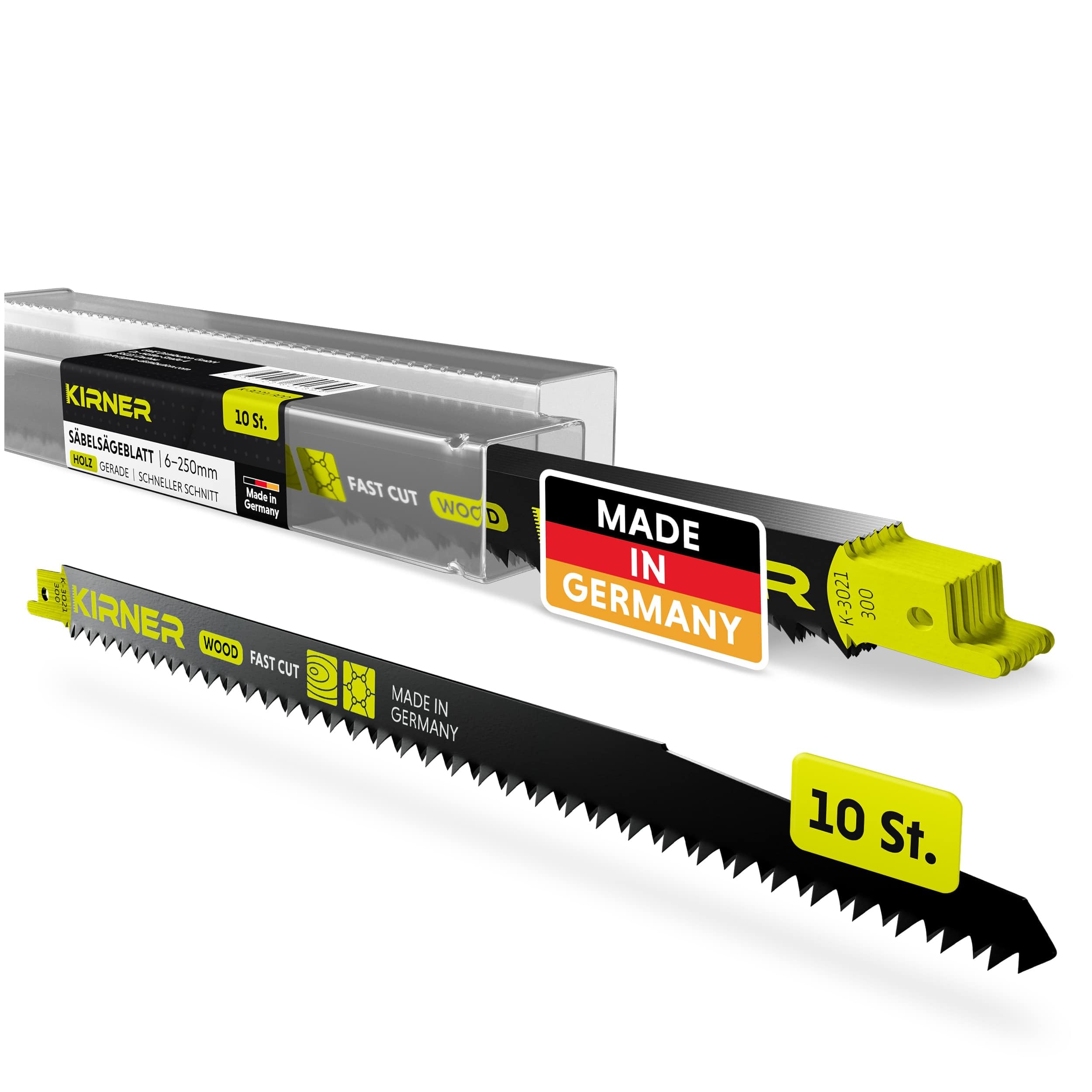 KIRNER Säbelsägeblätter Holz 300mm [ Extrem scharf & Langlebig ] 10er Pack Sägeblätter Säbelsäge inkl. Box - Reciprosägeblätter mit Universalaufnahme für alle Holz und Kunststoff 6-250mm