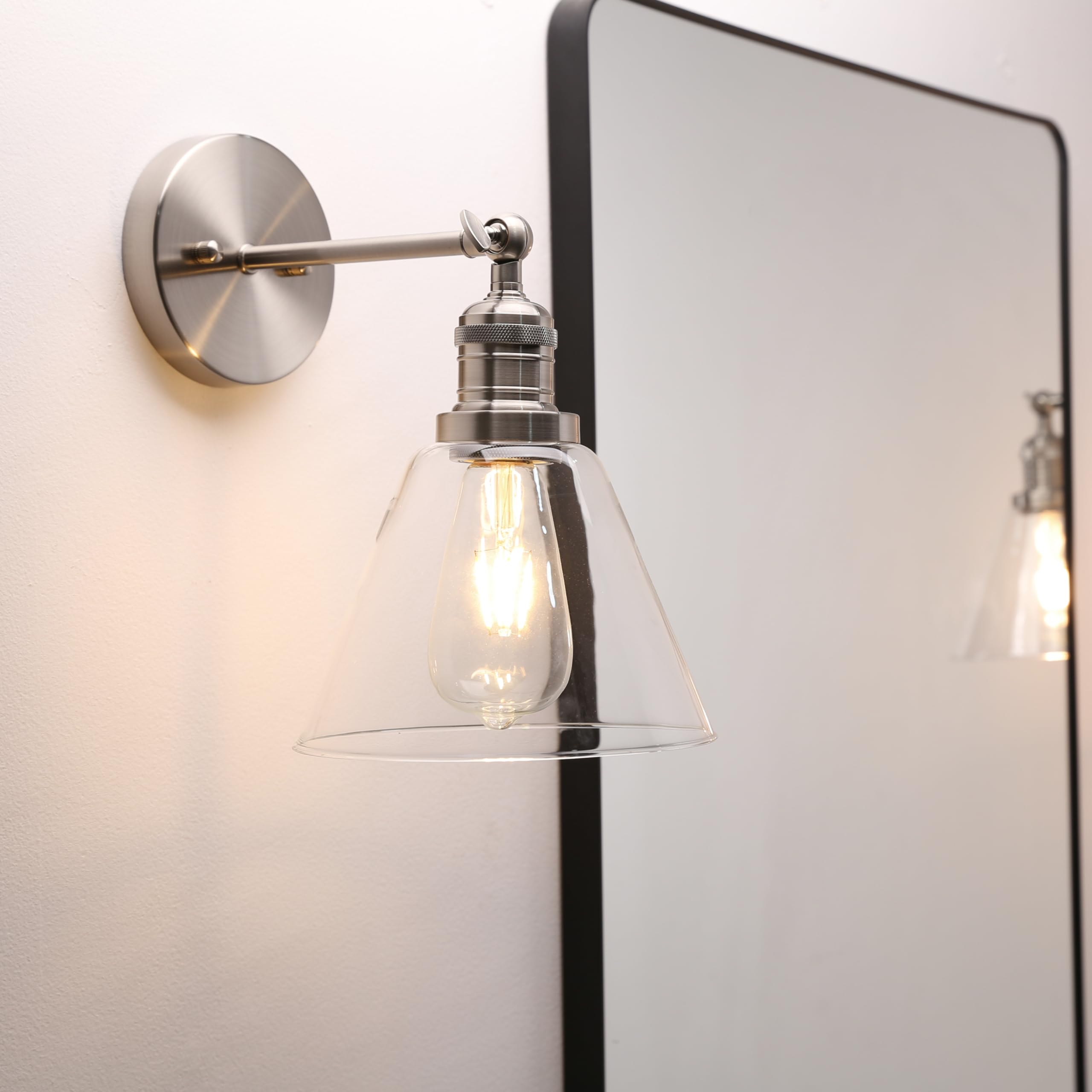 Phansthy Vintage Wall Light 7.1" Diameter Industrial Funnel Shaped Glass Wall Sconce Suitable for Kitchen Living Room Hallway Bedroom Vanity Mirror Decorative Light E27 Copper Base (Brushed)