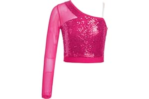 JEATHA Kids Girls One Shoulder Long Sleeve Sequins Crop Top Athletic Shirts Jazz Hip-hop Dance Costume