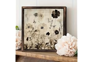 Rustic Vintage Framed Wall Art Sign-"Black Ink Florals " Tabletop Decor 8x8 Inch- Gifts for Farmhouse, Cafes, Stores, Room, B