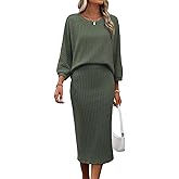 HBQ Women's 2 Piece Sweater Skirt Sets Ribbed Knit Loose Lantern Sleeve Top Midi Skirt Outfit Casual Loungewear Sets
