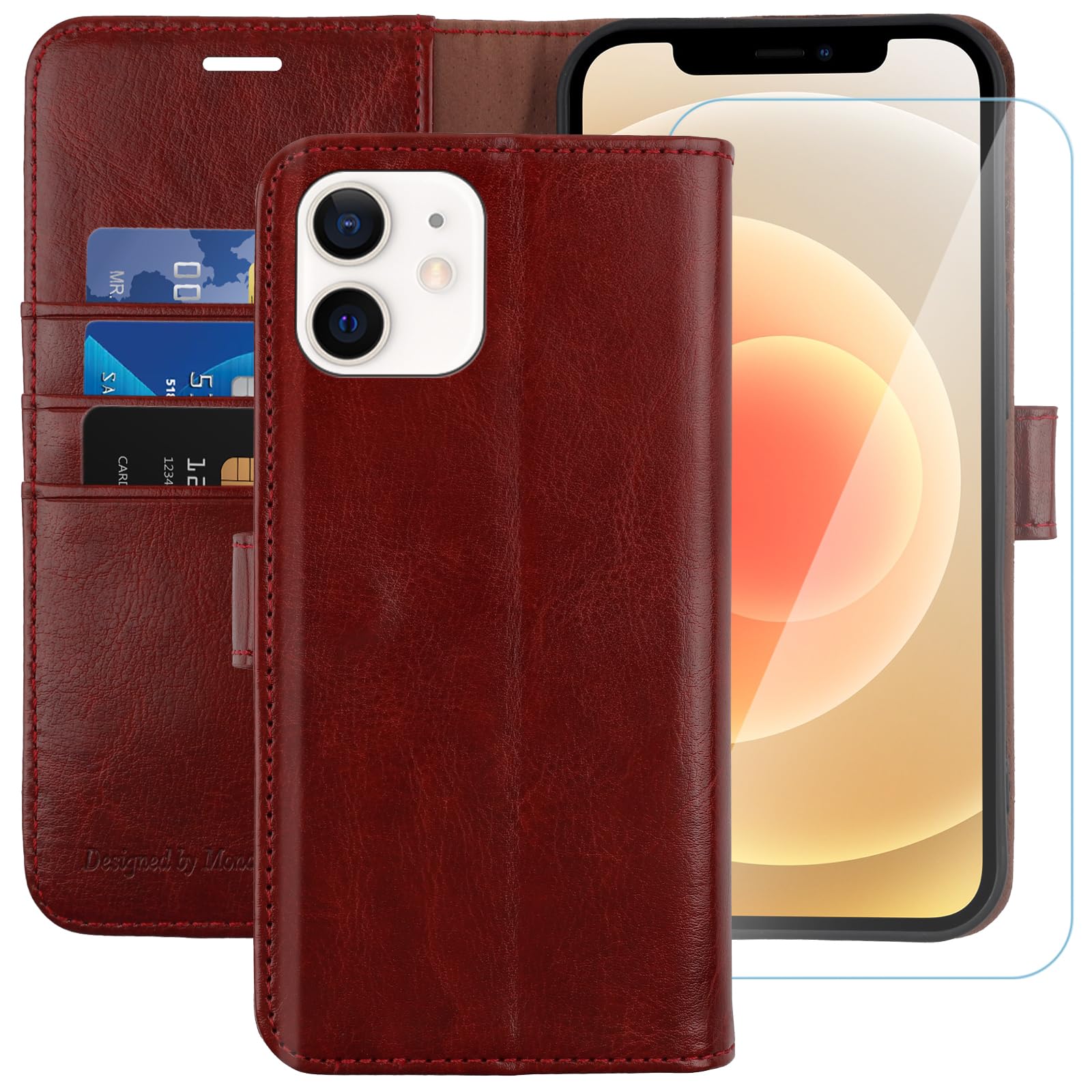 MONASAY Wallet Case for iPhone 11,6.1inch, [Glass Screen Protector Included][RFID Blocking] Flip Folio Leather Cell Phone Cover with Credit Card Holder for iPhone 11, Burgundy — image 1