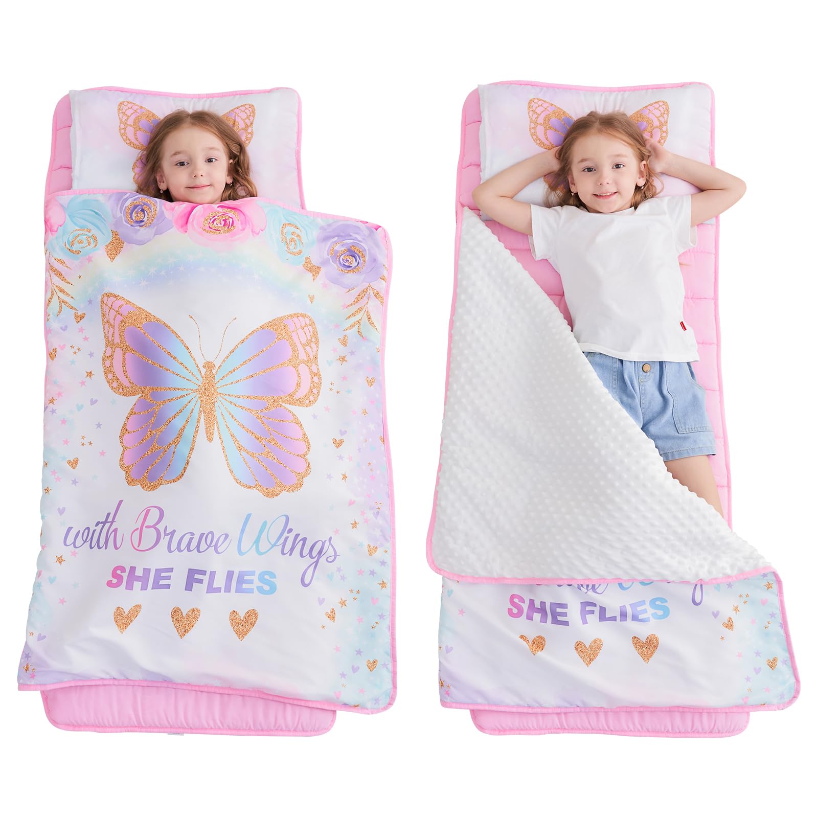 Photo 1 of Extra Large Toddler Nap mat by Cokouchyi, Toddler Sleeping Bag with Removable Pillow, Measures 53 x 21 x 1.5 Inches, Sleeping Mat for Girls, Ideal for Daycare and Preschool Kindergarten, Butterfly