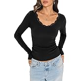 EasyGala Womens Cotton Ribbed Long Sleeve Shirts Lace V Neck T Shirts Fitted Sexy Going Out Tops Casual Fall Outfits