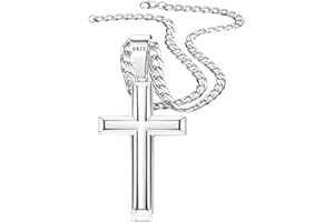 Besteel 925 Sterling Silver Cross Necklace for Men Women | 5mm 316L Stainless Steel Diamond-Cut Cuban Link Curb Chain, Beveled-Edge Religous Pendant Jewelry, 16-30'' Christian Baptism Gift