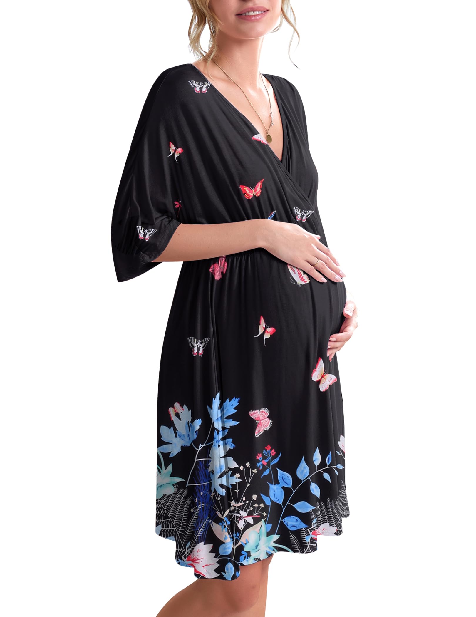 Ekouaer 3 in 1 Labor/Delivery/Hospital Gown Maternity Dress Nursing Nightgown Sleepwear for Breastfeeding, Black Butterfly, Small Image