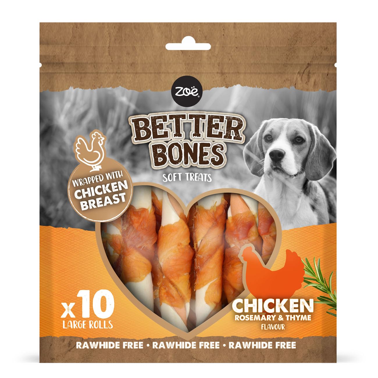 Zoë Better Bones Soft Dog Treat Chews, Pouch of Rawhide-Free, Dog Training Chews Wrapped with Chicken Breast - Chicken Flavour, 1 Bag of 10 pcs