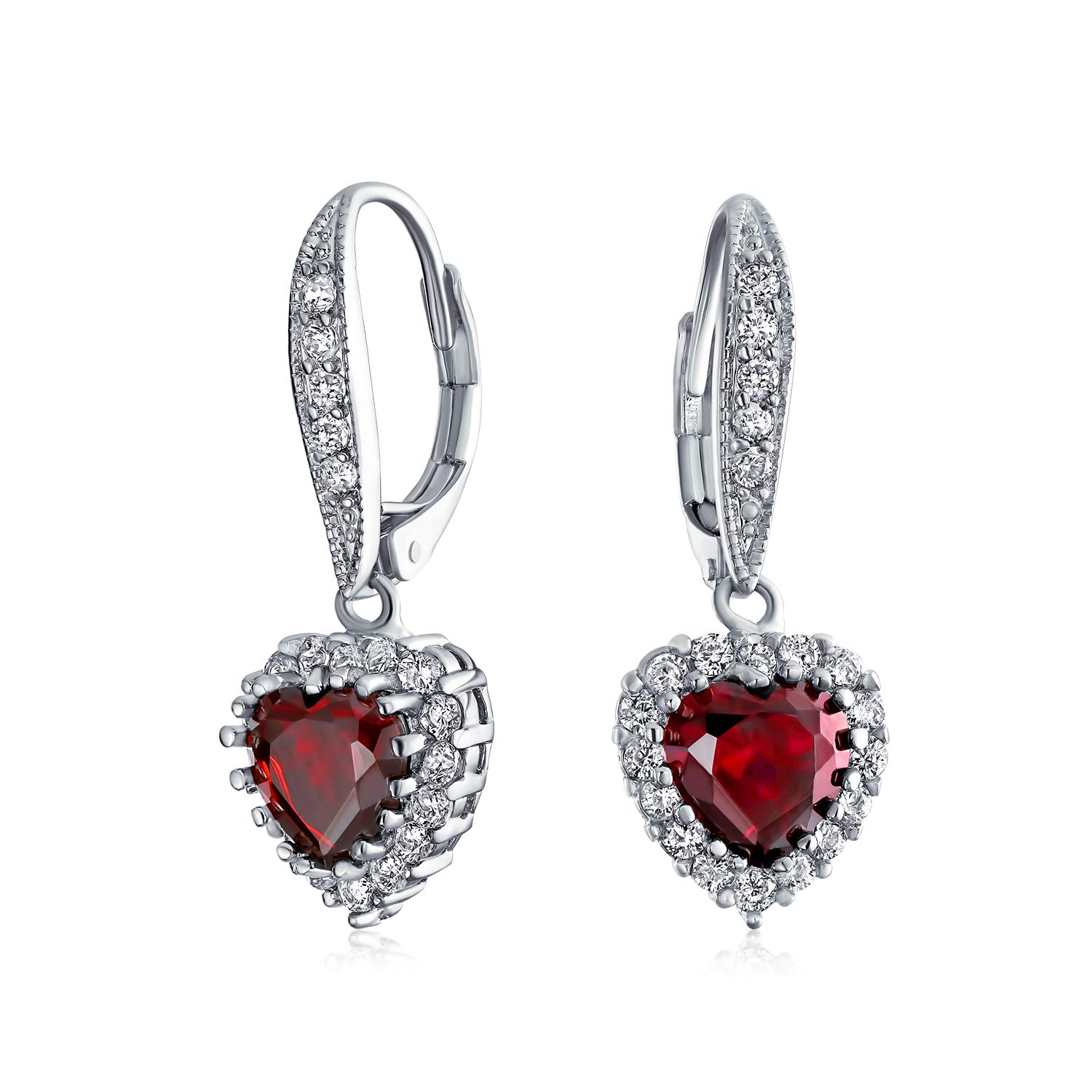 Bridal Anniversary Wedding Romantic 4CT AAA CZ Red Halo Heart Shaped Cubic Zirconia Dangle Lever back Earrings For Women Girlfriend Invisible Cut Rhodium Plated — image 1