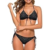 htrewtregregre Women's Victorian Gothic Black Skull Damask Strappy Triangle Brief Swimsuit Bra