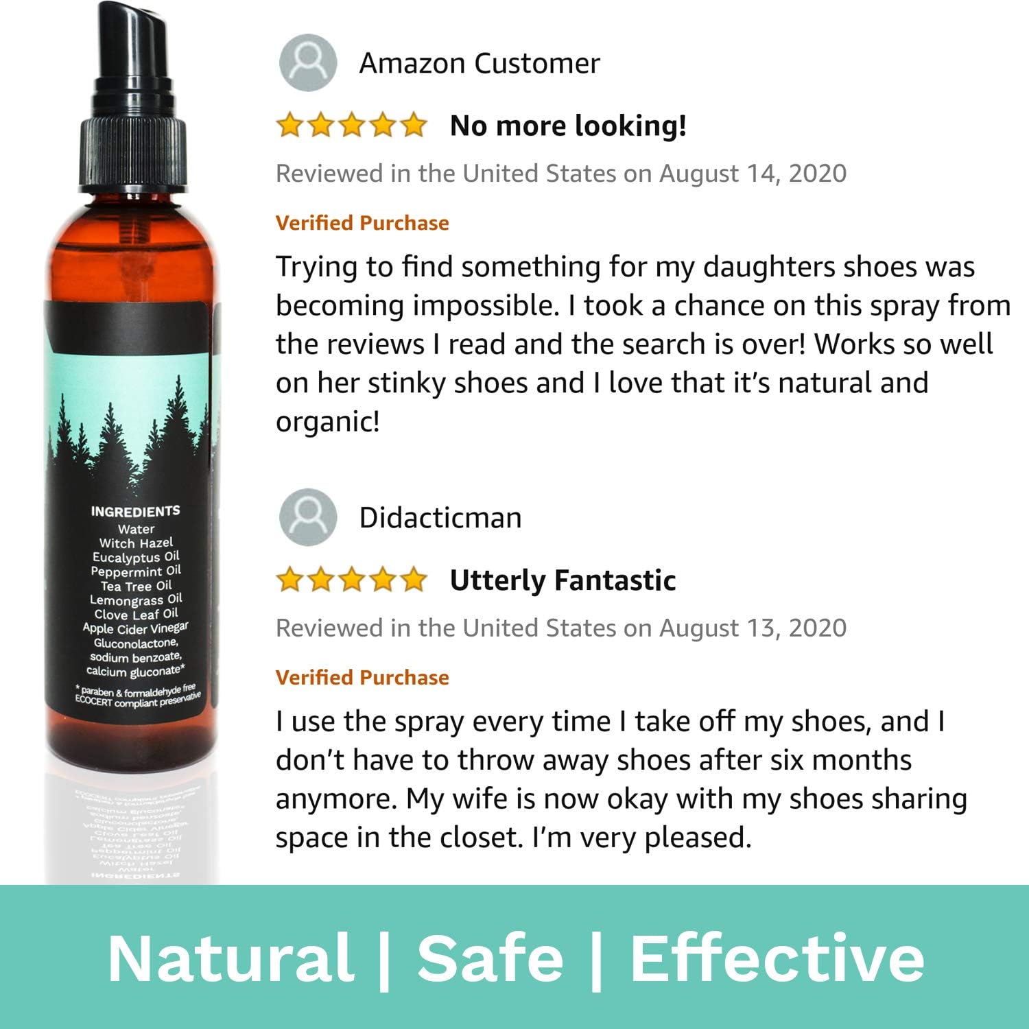 Natural Shoe Deodorizer Spray, Foot Odor Eliminator and Air Freshener - Organic Lemongrass, Mint, Tea Tree Essential Oils: Sports & Outdoors