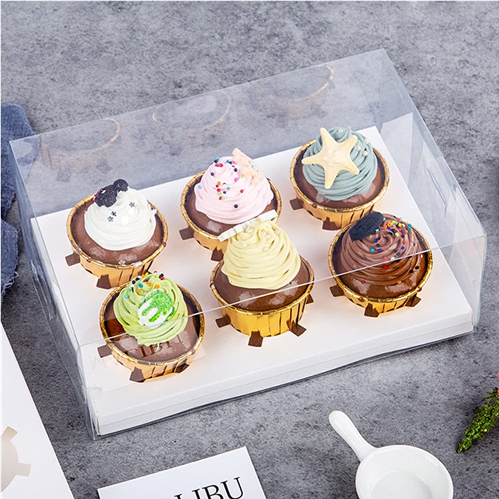 10 Gift Boxes Transparent Cake Boxes ，6 Holes Inserts Cupcake & Dessert Boxes | Tall Transparent Cupcake Box | Insert in White,orBlack | Fits Muffin & Cupcakes Cases（9.4"x 6.7" x 3.9" ） (white)