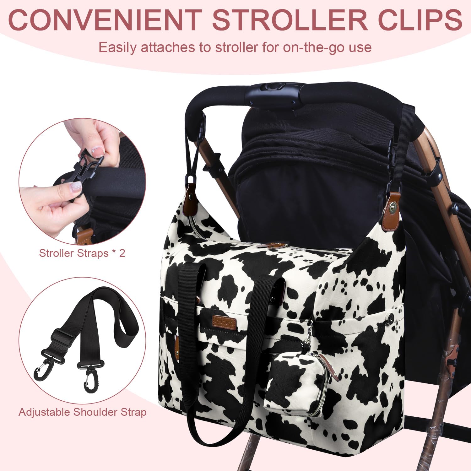 Pritent Diaper Tote - Baby Bag with Pacifier Case, Shoulder Straps, Stroller Clips, Waterproof Large Mommy Maternity Travel Bag for Mom and Dad, Cow Print