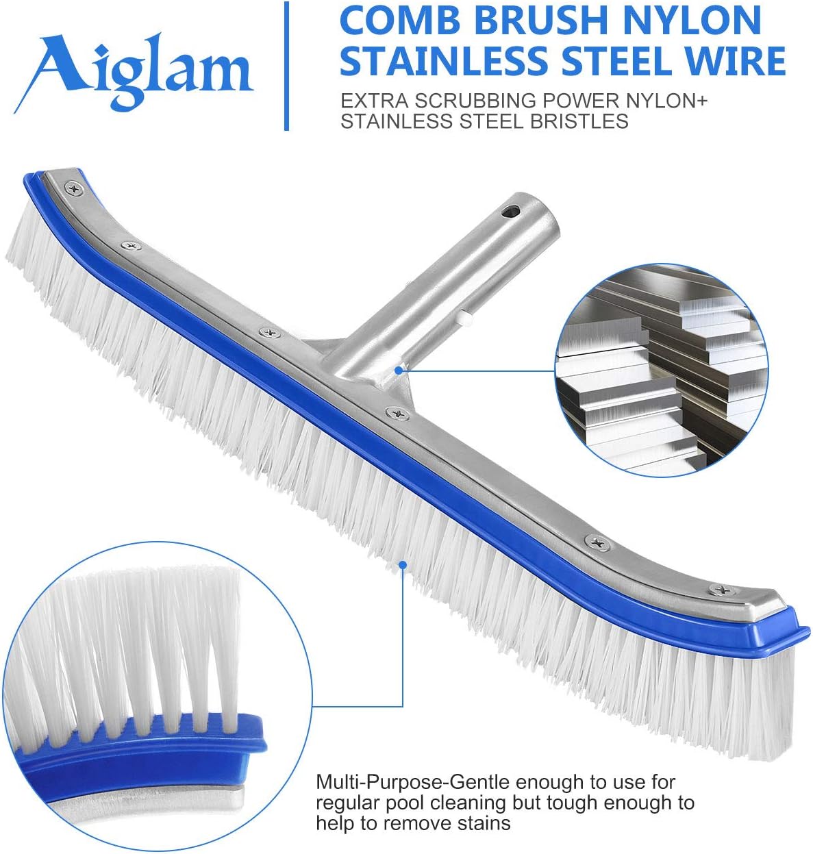 Aiglam Pool Brush, Swimming Pool Wall & Tile Brush 18" Aluminium Swimming Pool Cleaning Pole Brush Head Replacement Brush with EZ Clip & Nylon Bristles for Walls Tiles Floors(Pole not Included): Kitchen & Dining
