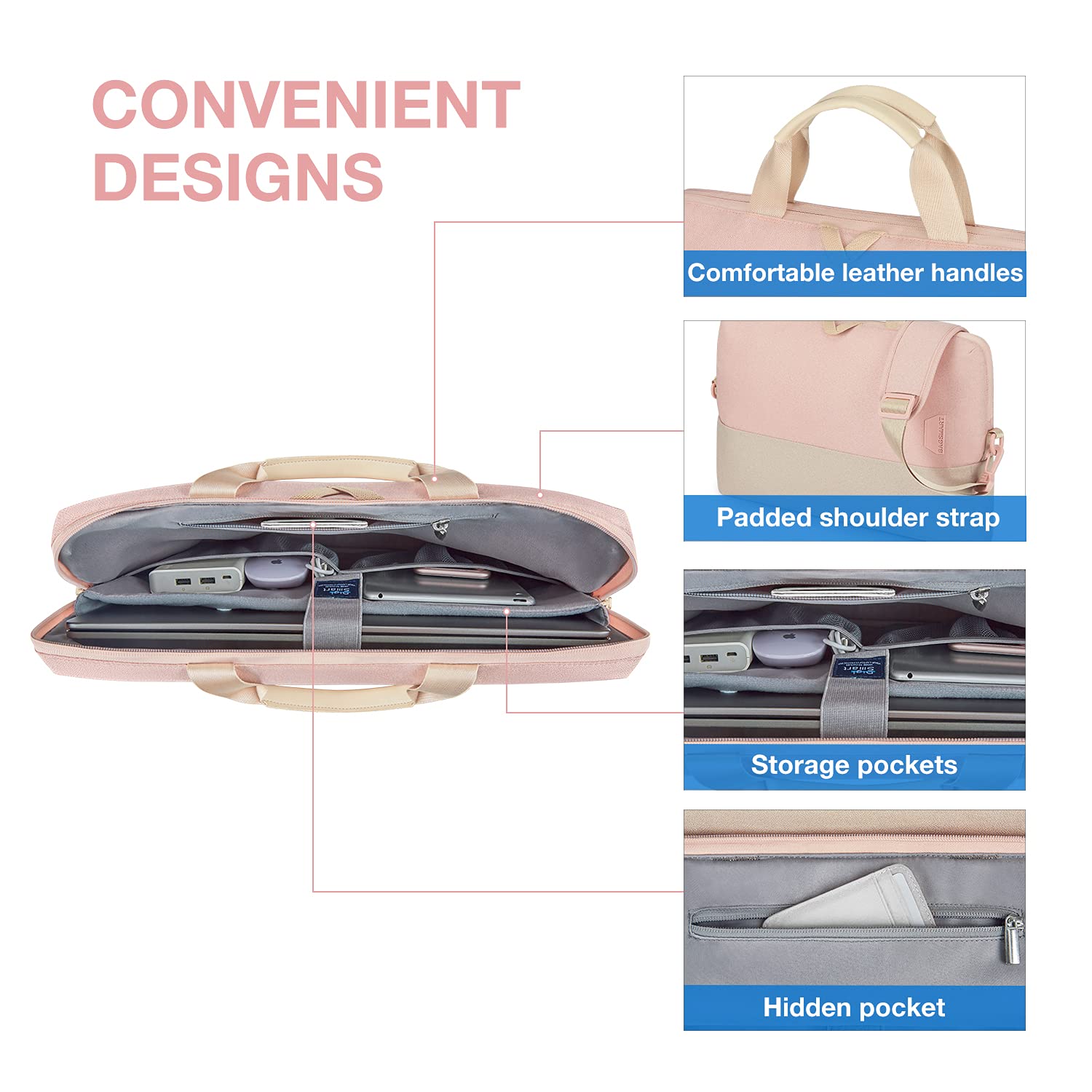 BAGSMART Laptop Bag for Women, Laptop Sleeve, 15.6 Inch Laptop Case, Computer Bag, Laptop Briefcase for Business Office Travel, Pink