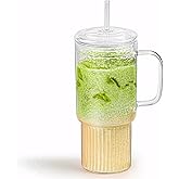 MINGHYZYA 32oz Glass Cups with Handle Lids and Straws, Borosilicate Glass Tumblers for Iced Coffee, Smoothies, Fruit Drinks. Reuseable Glasses Cups for Cold/Hot Water (glass lid 1 pack)