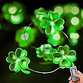 Yiaht St. Patrick's Day Lights Shamrock String Lights Battery Operated 13 Feet 40 LEDs 8 Mode with Remote Lucky Clover Silver Wire Mini Fairy Lights for Bedroom Party Feast Green Day Decorations