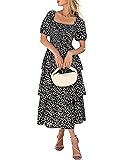 BTFBM Womens Square Neck Smocked Dress Summer Puff