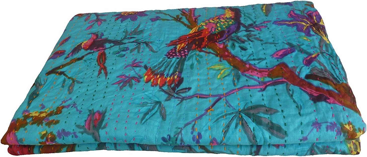 PUSHPACRAFTS Turquoise Ferozi Blue Bird Print King Size Kantha Quilt Blanket Bed Cover, King bedspread, Bohemian Bedding Tree of Life design Size 90 Inch x 108 Inch