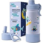Bentoheaven Kids Water Bottle Stainless Steel for Boys & Girls, 2 Lids (Chug & Straw), Handle & Silicone Boot, Reusable Metal Leak-proof Insulated Tumbler, School & Sports 17oz (Blue)