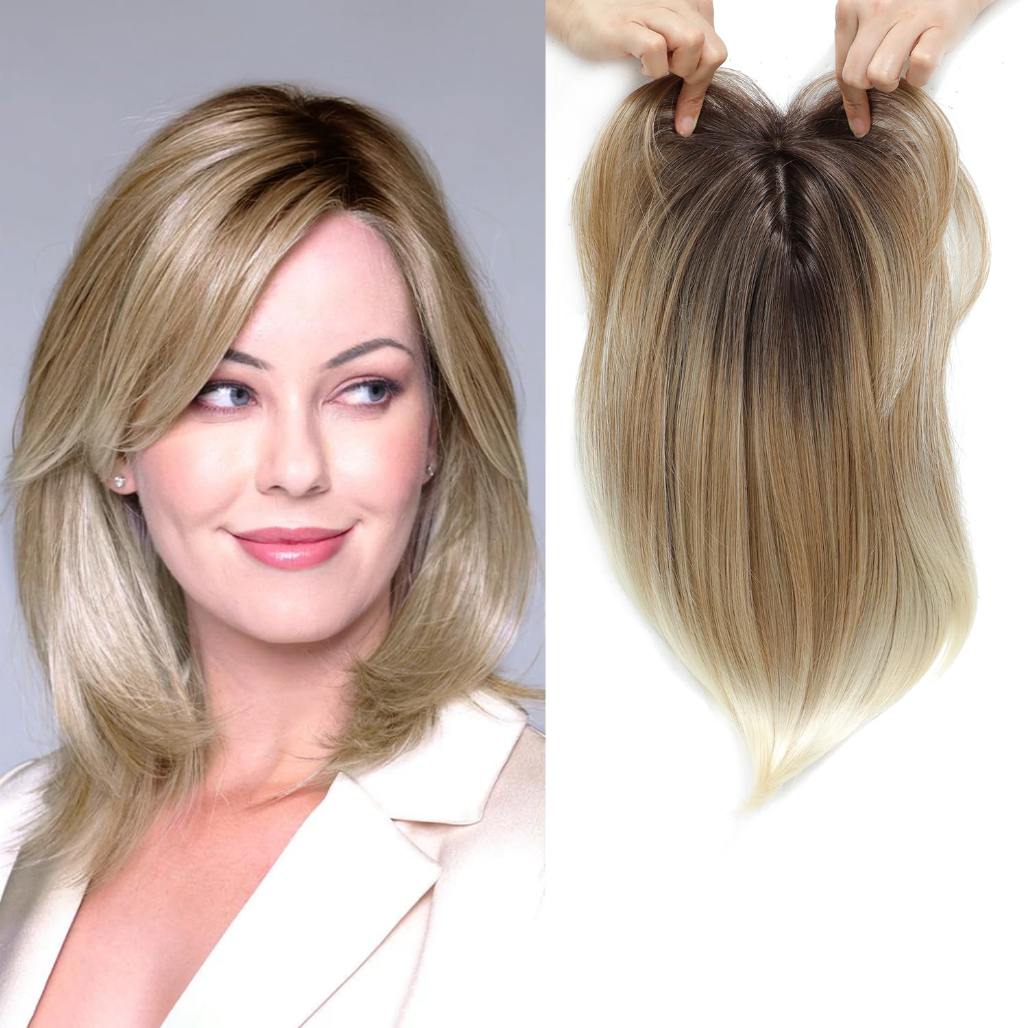 MORICHY Short Bob Hair Toppers, 12" Hair Toppers for Women with Bangs Clip in Hair Pieces for Thinning Hair/Hair Loss Wiglets with Fringe Ombre Blonde with Light Tail Color (3 color tone)