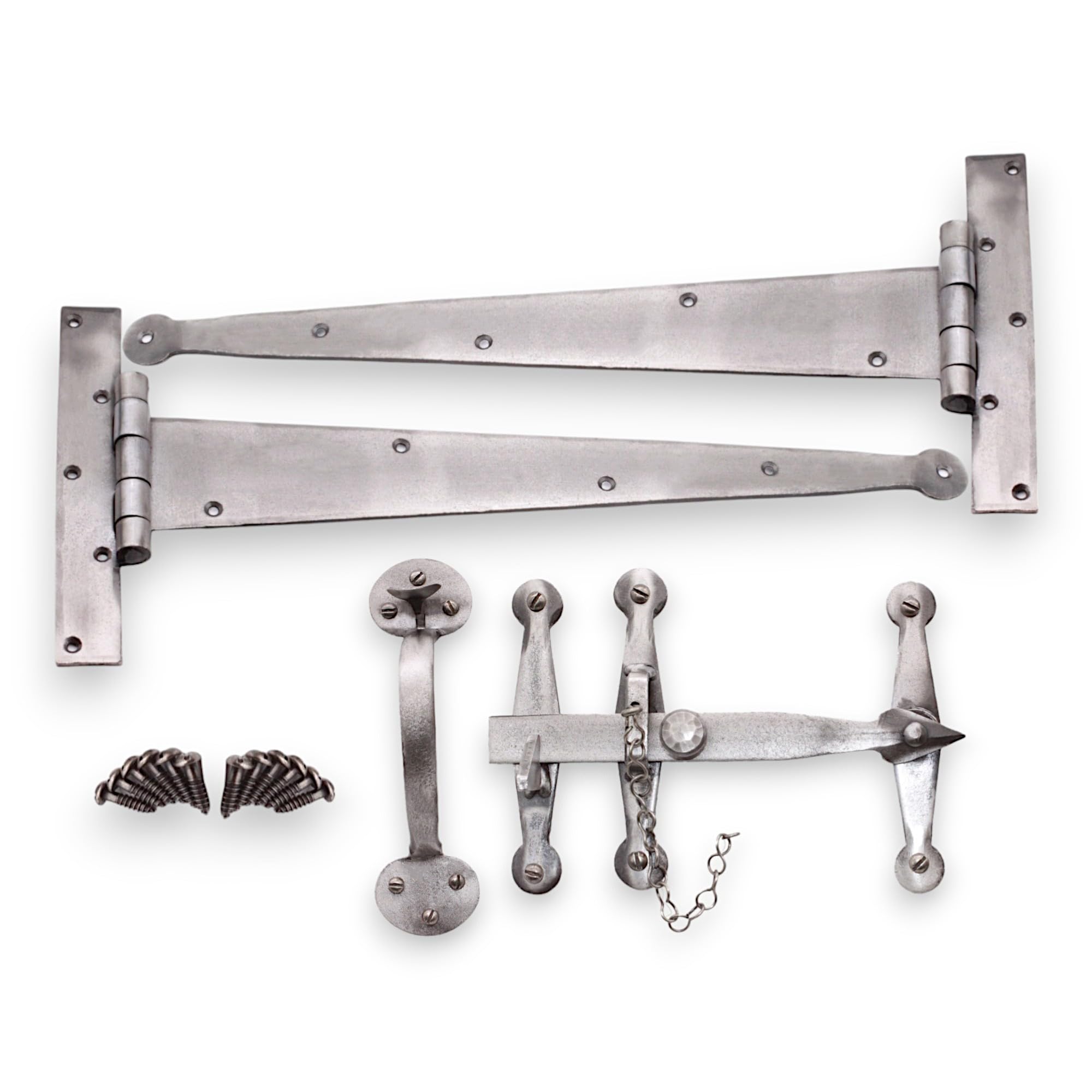 Infinity Decor Heavy Duty Hand Forged Iron Strong 18” (450mm) T Hinges Penny End & Suffolk Latch Door Kit Pewter – for Wooden Gate Door