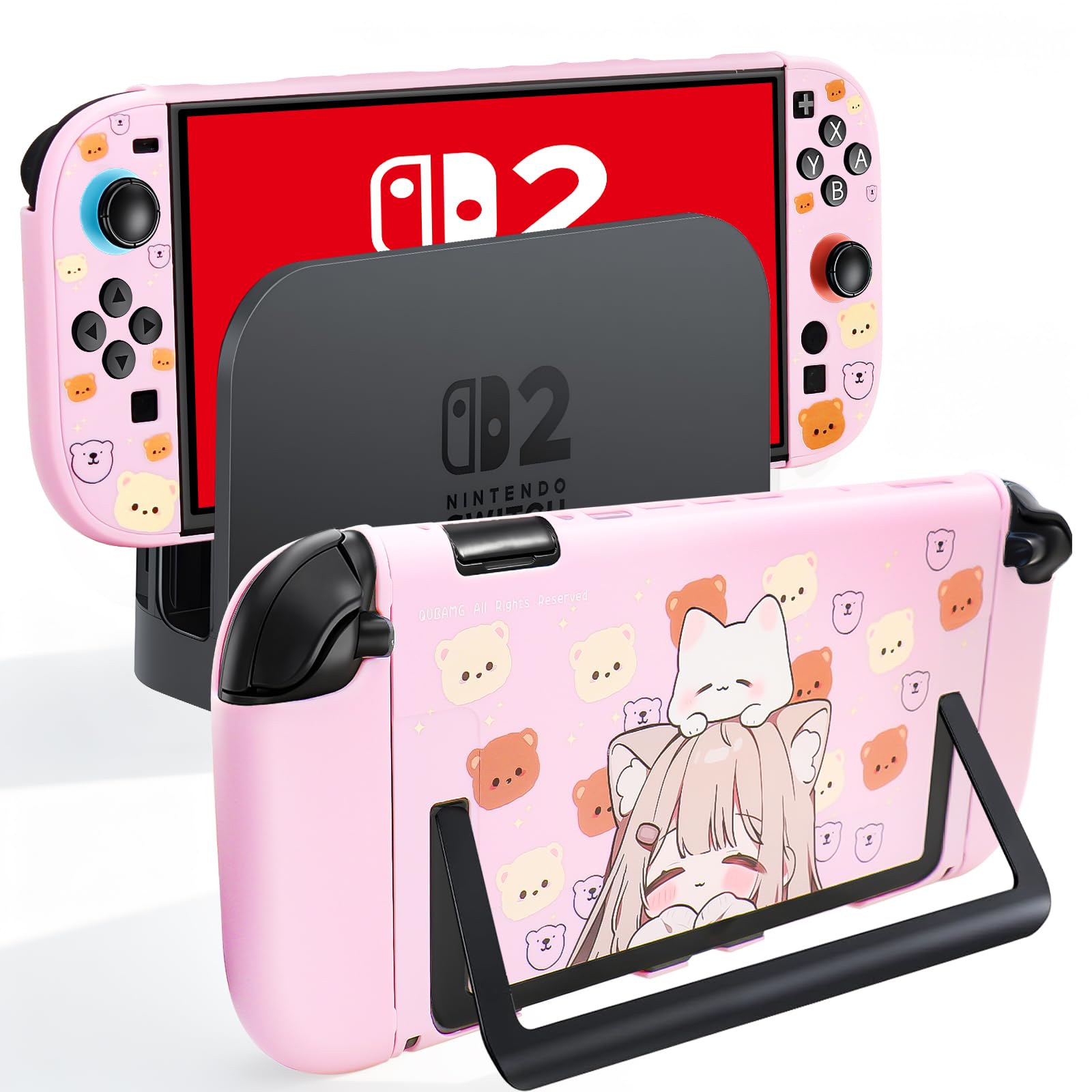 QUBAMG Cute Switch 2 Protective Case, Hard Dockable Split Slim Protective Cover Compatible with Nintendo Switch 2 Console and Joy-Con Controller, Pink Switch 2 Shell Skin Protector Accessories