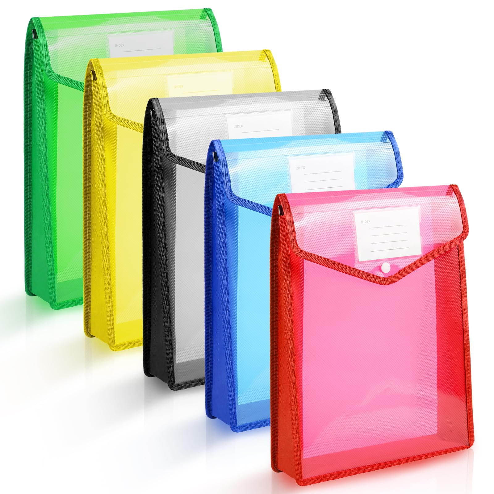 Vicloon A4 Plastic Wallets, 5pcs Popper Wallet Plastic Document, Vertical Plastic Folders Files Envelope for School Office Home, with Snap Closure and Card Slot (Blue/Yellow/Red/Green/White)