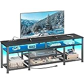 Furologee TV Stand with Power Outlets and LED Lights, 63 Inch Entertainment Center for 60 65 70 Inch TVs, Media Console Table with Open Shelves, for Bedroom, Living Room, Black