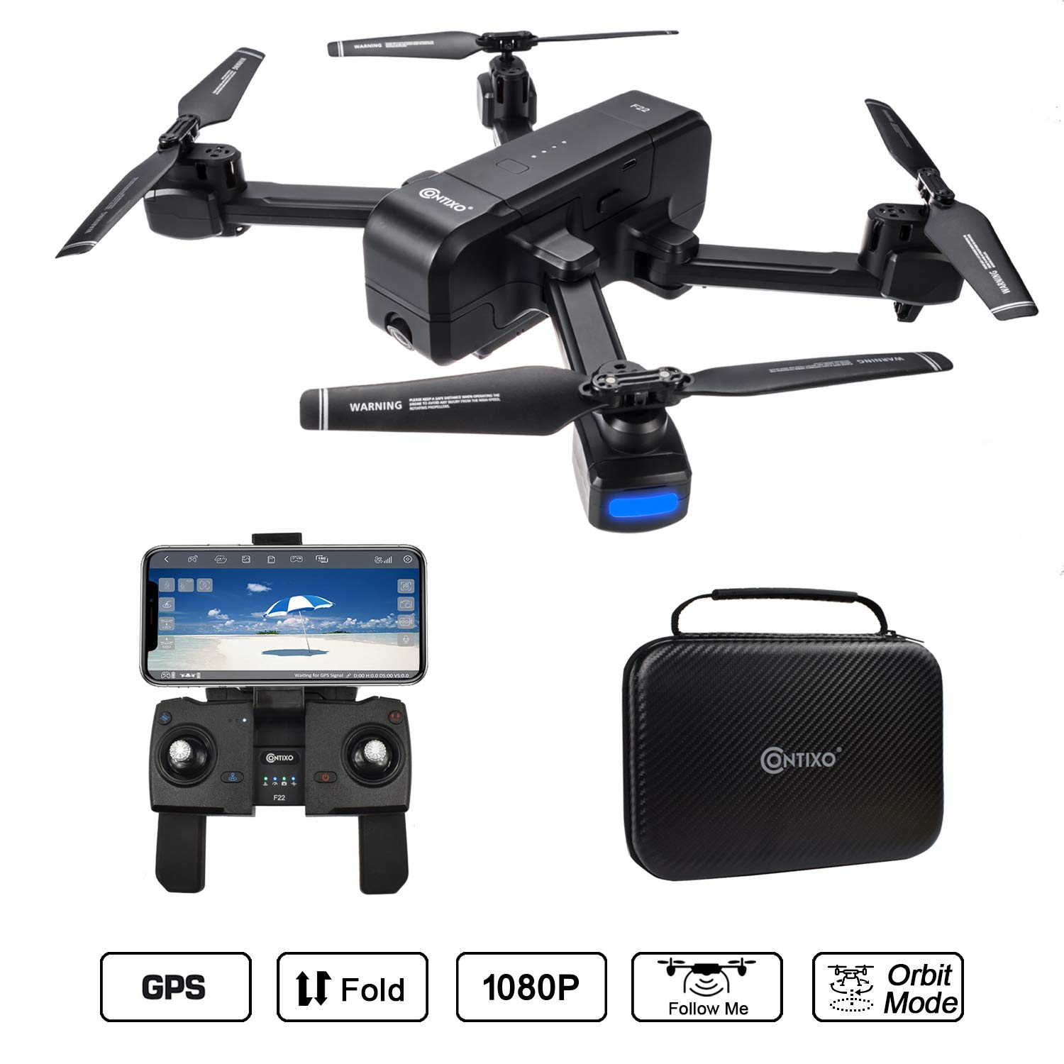 Contixo F22 RC Foldable Quadcopter Drone | Selfie, Gesture, Gimbal 1080P WiFi Camera, GPS, Altitude Hold, Auto Hover, Follow Me, Waypoint Includes Drone Storage Case
