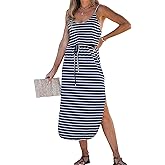 CUPSHE Women's Midi Dress Scoop Neck Ruffled Sleeveless Slit Drawstring Spaghetti Straps A Line Casual Dress