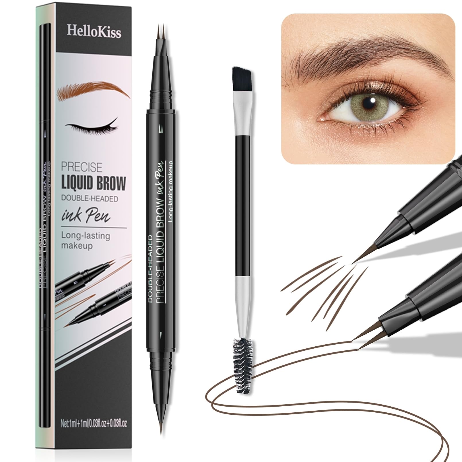Liquid Eyebrow Pen - New Double Headed 2 Tip Eyebrow Pen with Brow Brush, Eyebrow Contouring Pen for Natural Looking Defined Eyebrows (# 02)