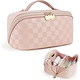 Prite Makeup Bag for Women Travel Waterproof Vegan Leather Cosmetic Bag Open Flat Toiletry Bag With Clear Divider and Handle (Plaid Pink)