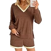 Tankaneo Womens V Neck 2 Piece Pajama Short Sets Color Block Loose Fit Long Sleeve Shirt and High Waisted Shorts Lounge Sets
