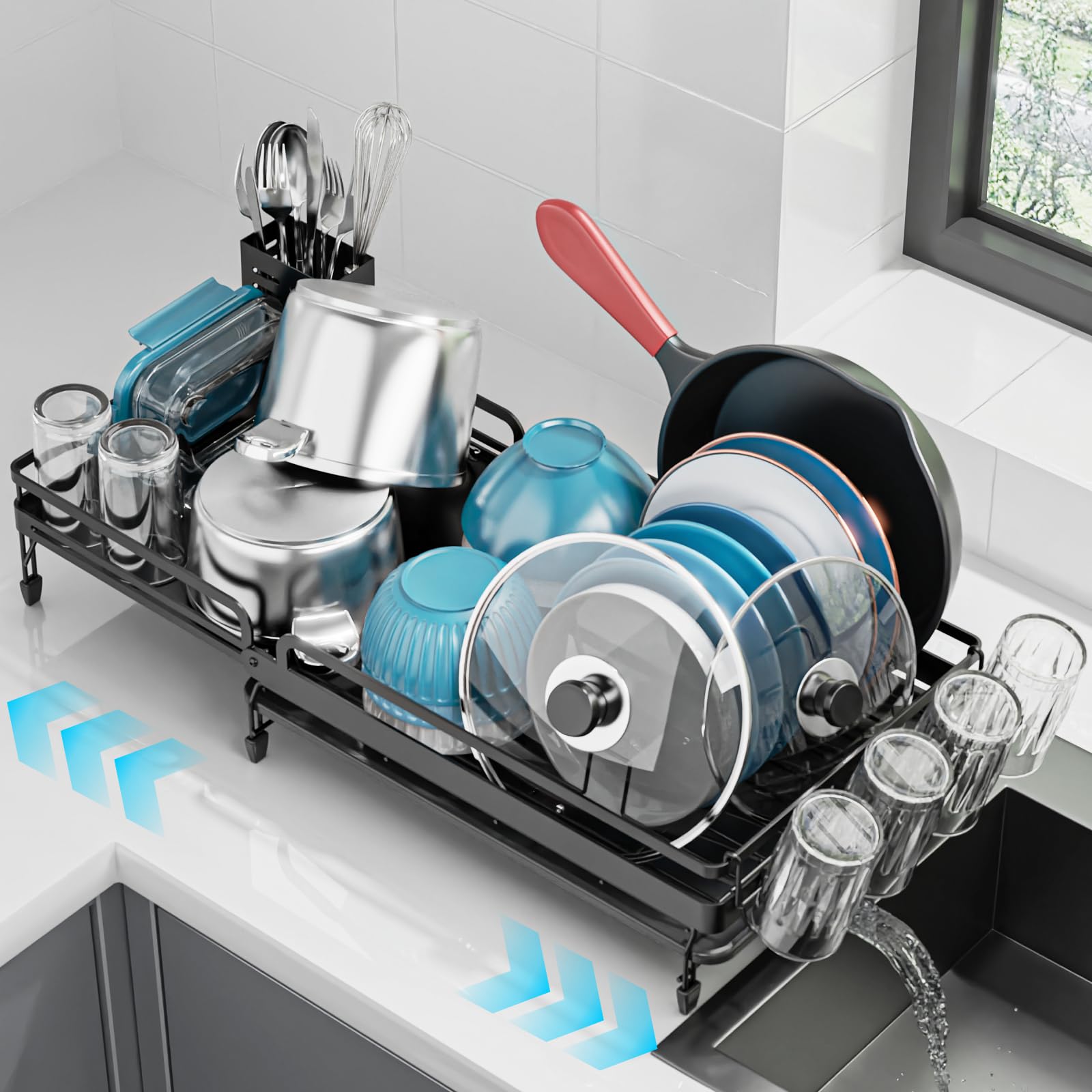 Photo 1 of GSlife Large Expandable Dish Drying Rack - Dish Rack for Kitchen Counter with Metal Extension, Large Capacity(16.5" ~ 24.4" L) Dish Drainer with Pan Slots, Cup Holders, Black