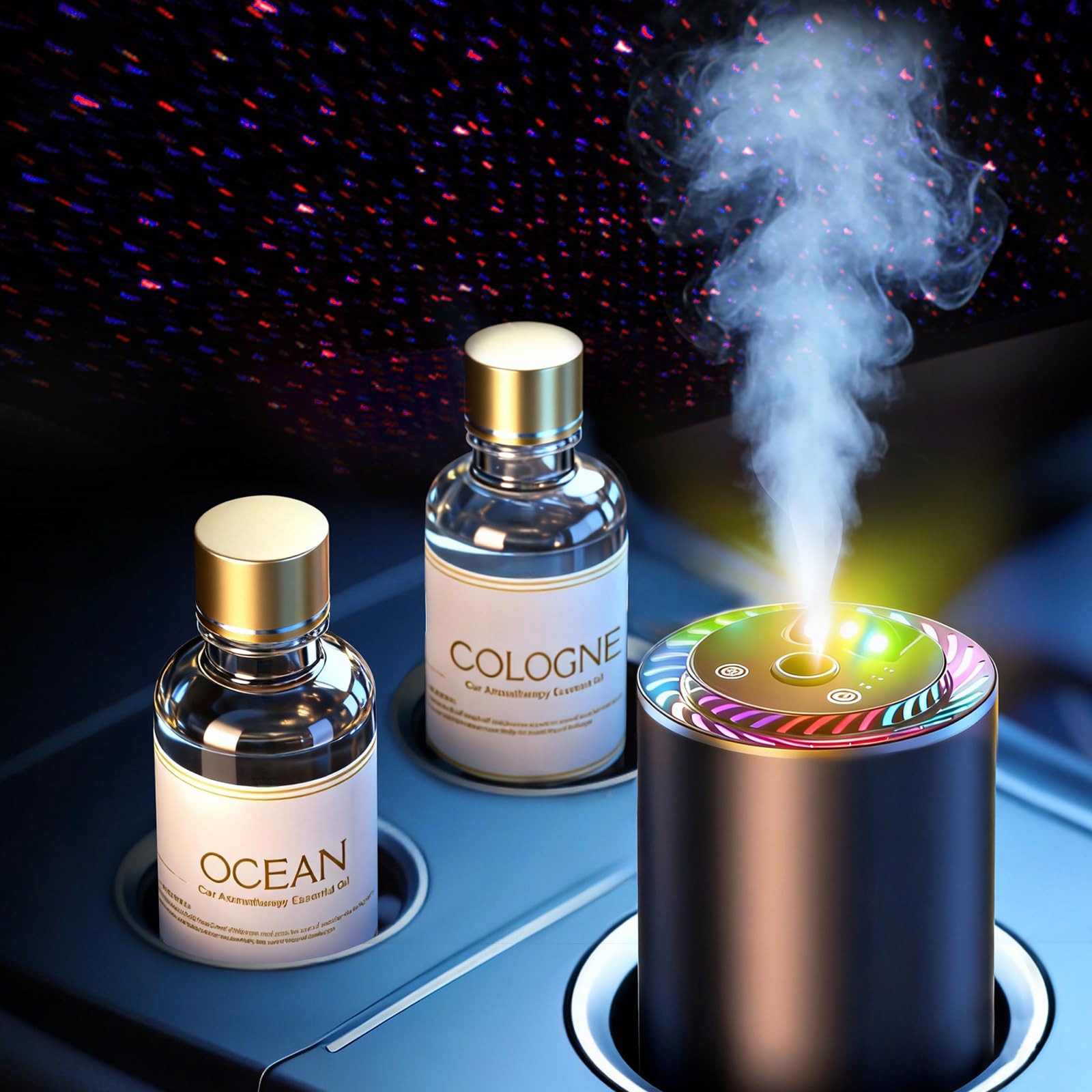 Photo 1 of **USED, INCOMPLETE** Smart Car Air Freshener with Star Light & 100ml Diffusers Oil Refills, Auto On/Off Aroma Diffuser, 3 Adjustable Mist Modes Rechargeable Aromatizante para Carro - Car Diffuser?Cologne+Ocean?