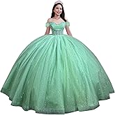 Youjiayi Glitter Tulle Quinceanera Dresses with Train Off Shoulder Beaded Sweet 16 Dresses Pleated Long Ball Gown for Women