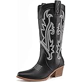 Athlefit Women's Embroidered Western Cowboy Boots Fashion Pointed Toe Chunky Heel Mid Calf Cowgirl Boots