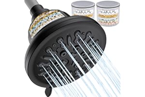 Ryamen Shower Head with Filter, Filtered Shower Head for Hard Water, 5.5" High Pressure Rainfall Fixed Showerhead with 6 Spray Settings, Water Softener Remove Chlorine, Filter Cartridge-2 Pack, Black