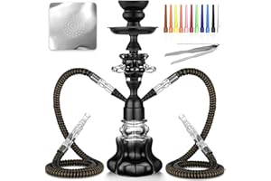 HOOWA Hookah Set With Everything 14'' Shisha Hookah Complete Set - Glass Flower Vase, Ledther Hose, Foils, HookahTips, Ceramic Bowl, Coal Tong (Black)