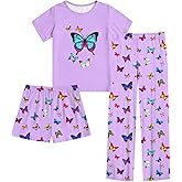 Funnycokid Girls Pajamas 3 Piece Short Sleeve Shirt Top Pants Shorts with Pockets 7-14 Years