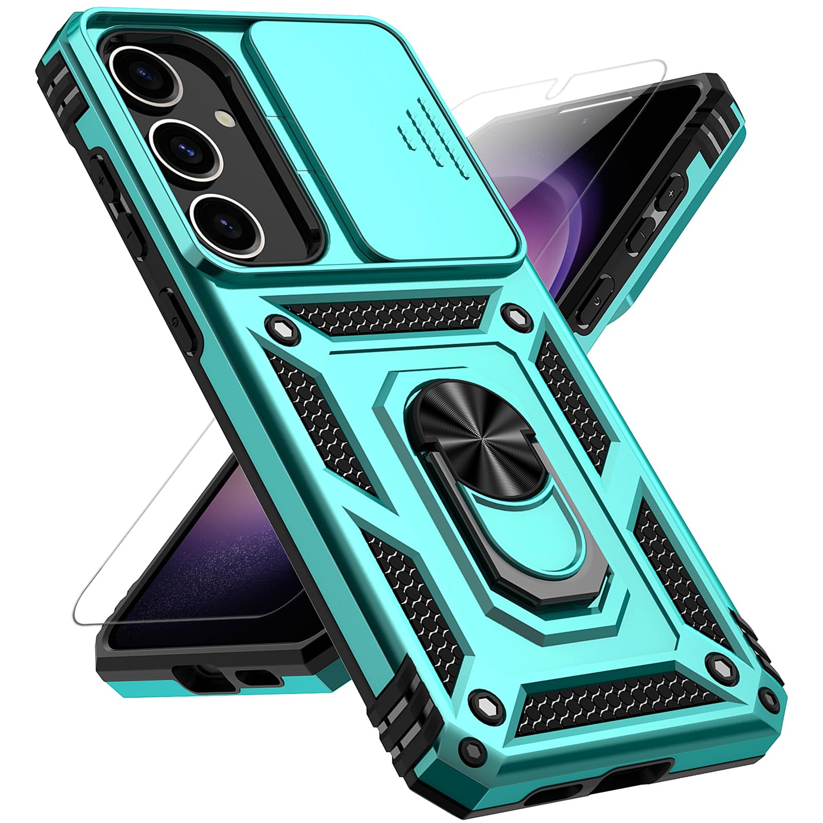 for Samsung Galaxy S25 Case with Slide Camera Cover HD Screen Protector [15ft Military Grade Drop Tested] Magnetic Ring Holder Kickstand Protective Phone Case for Galaxy S25 2025 (6.2 inch), Mint