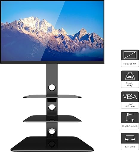 1home Tv Floor Stand With 3 Tempered Glass Shelves For 30 65 Led