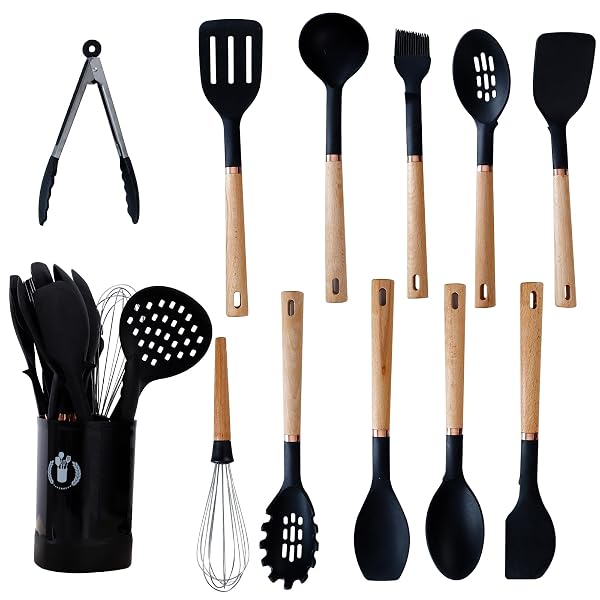 JIUFEI HOME 13-PIECE SILICONE KITCHEN UTENSILS SET, WOODEN...