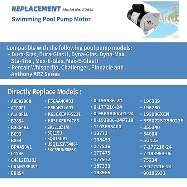 B2854 1-1/2HP, REPLACES CENTURY/AO SMITH POOL PUMP MOTORS,1.5HP,115/230V, 3450 RPM, 8.0/16.0AMPS, 56Y FRAME 1.1SERVICE FACTOR,PSC,F56AA40A01,INCLUDE REPLACE PARTS, SQUARE FLANGE ODP ENCLOSURE LEUNGOO