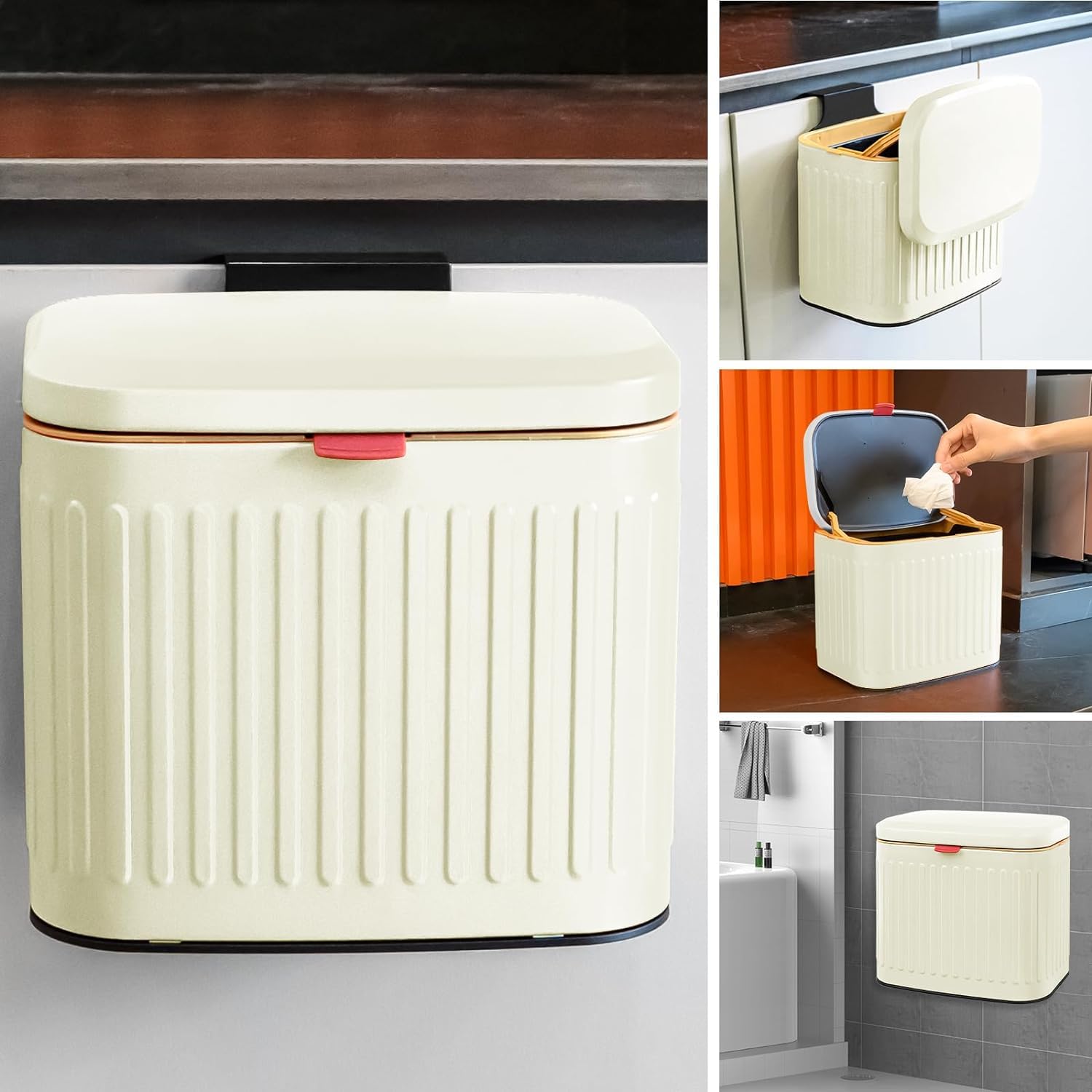 TESIN Hanging Kitchen Compost Bin 4 Liter/1.05 Gallon, Small Trash Can with Detachable Inner Bucket for Cupboard/Countertop/Bathroom/Camping/Office/Camping (Milky White-4 Liter)